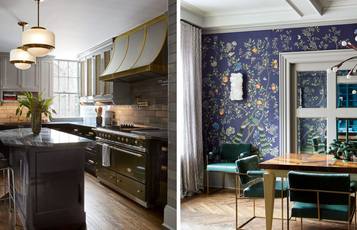 Kitchen With Black Equipment and Cozy Dining Room with Blue Flowered Wallpaper