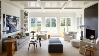 Bridgehampton Estate | Spacious Livingroom in Light Colors, Cozy Sofa and Chairs and Big Windows with Views of the Garden