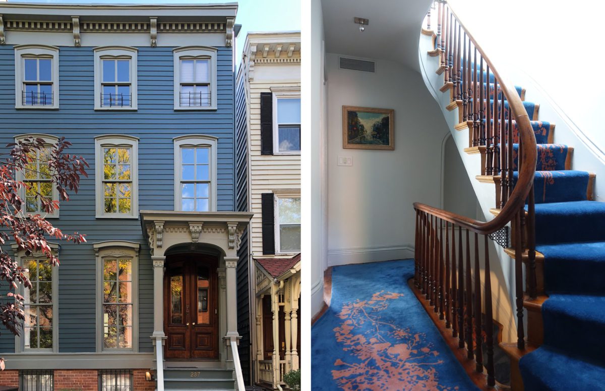 Outdoor View of a blue three-floor building and an indoor view of a blue staircase