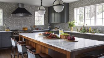 Larchmont House | Kitchen in Grey and White Tones With A Big Dining Table In the Middle Filled with Fruits