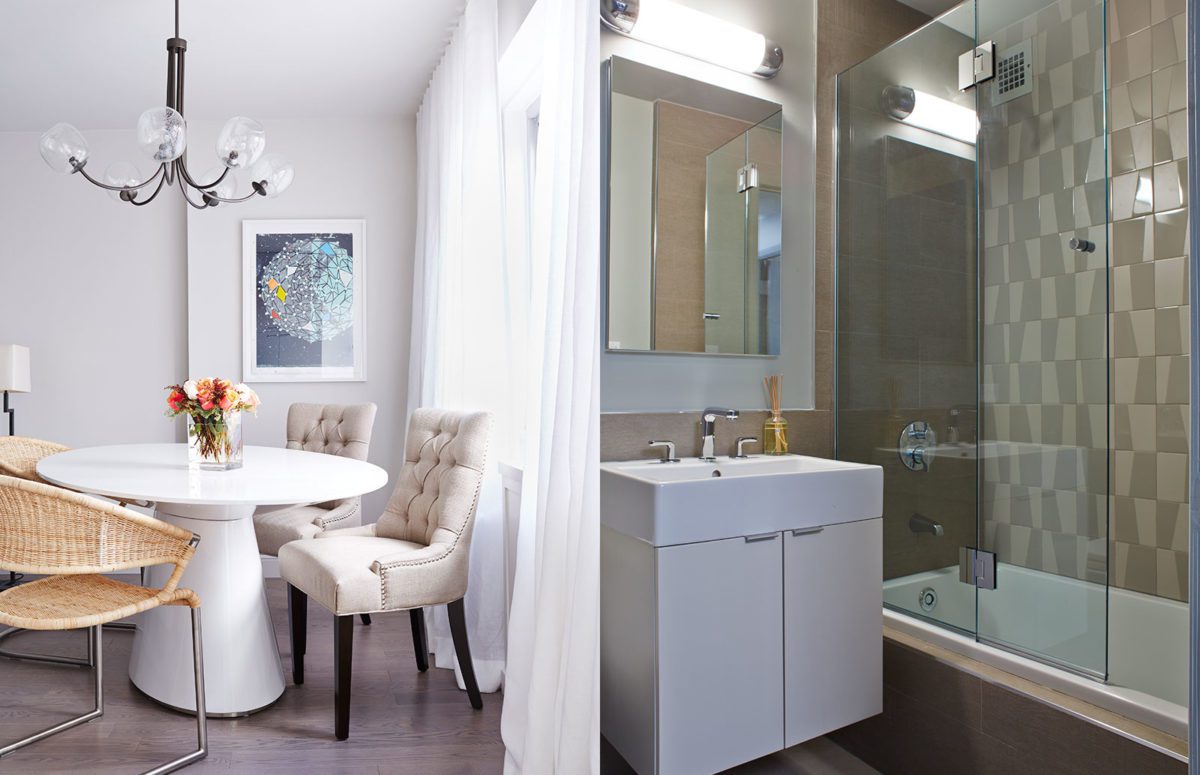 Sitting Area with White Interior Design | White Bathtub and Sink With Cabinet and Mirror