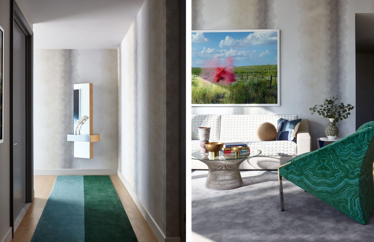 15 Hudson Yards Entrance view of a Corridor with a bicolored rug in Green Hues and a Living Room with a Green Armchair.