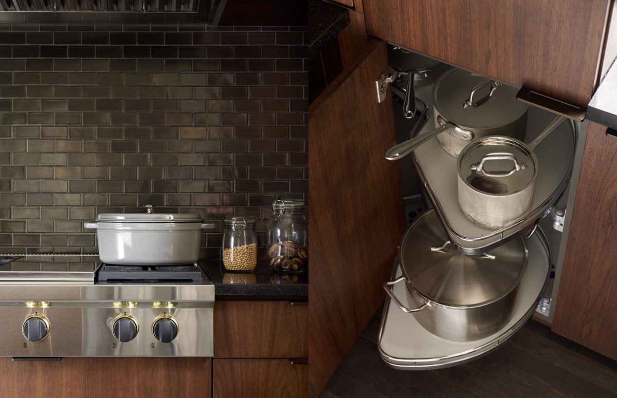 A Saucepan on the Stove and a Top View of an Open Cabinet with Pans