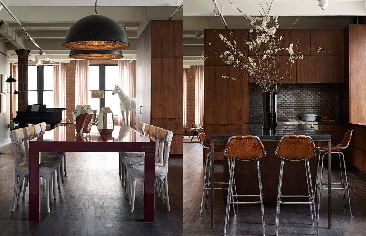 Rectangular Wooden Dining Table With Polygon Decorations Atop It and a Black Kitchen Bar Table