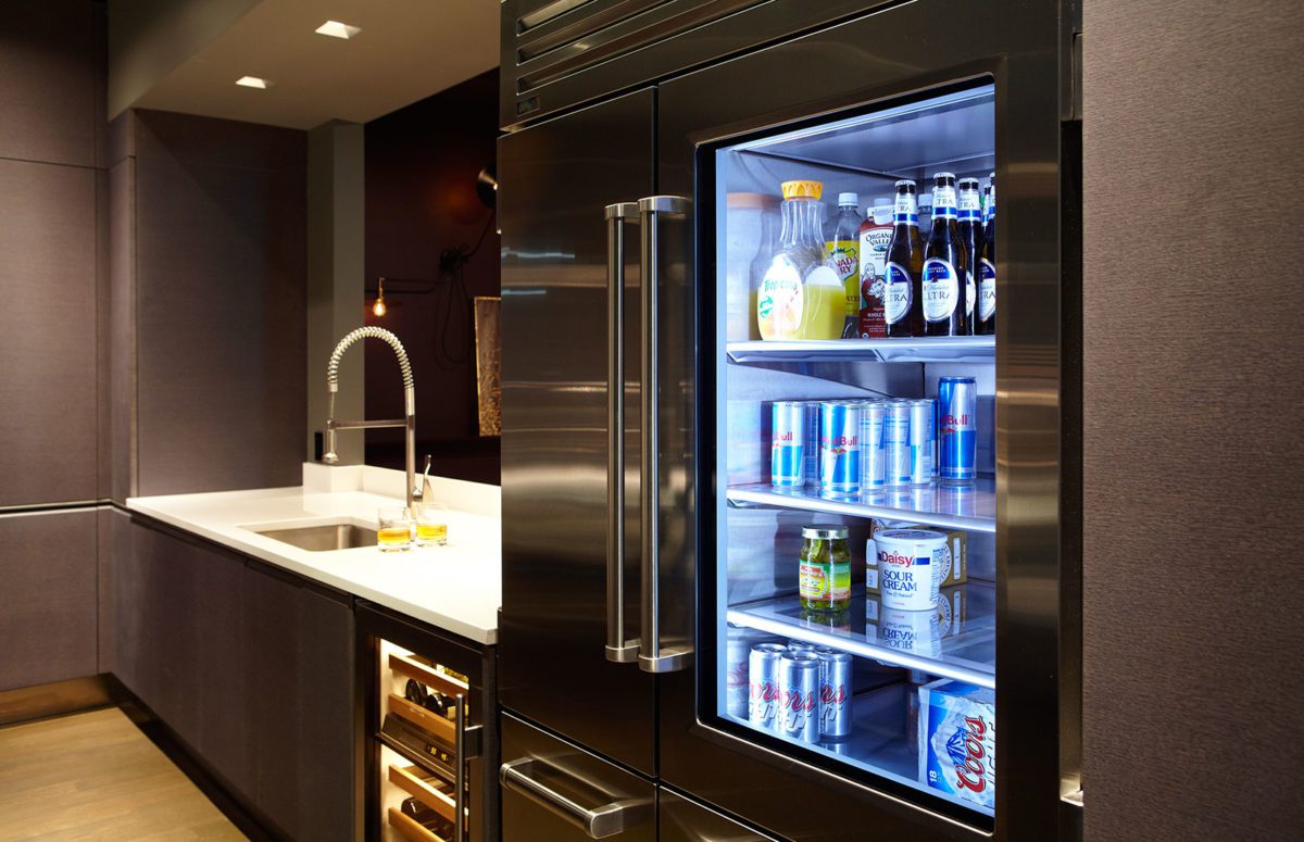 Kitchen with A Grey Fridge with a Glass Door and Light