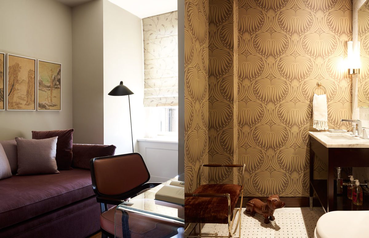 Seating area with a lamp, bathroom with seat and sink in Brown Hues