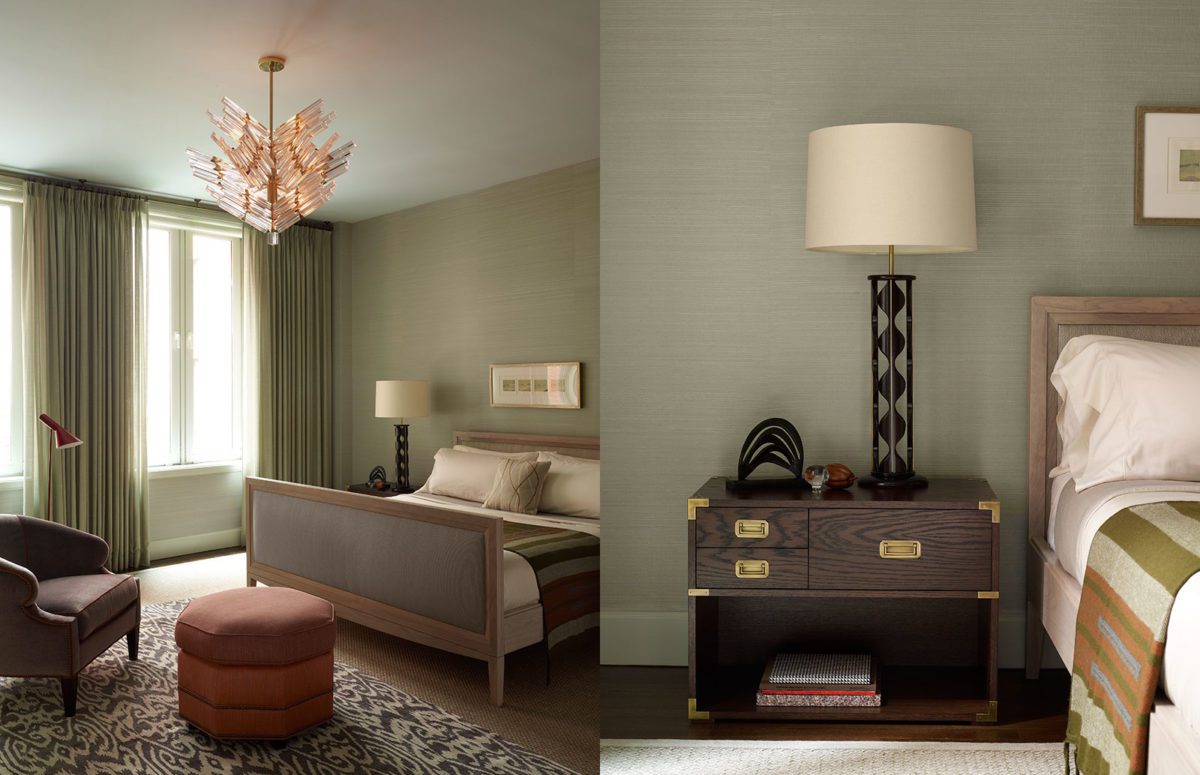 Bedroom in Warm Hues with nightstand, couch, and footstool.