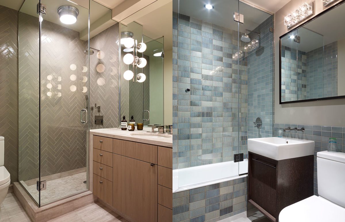 Bathroom in warm brown shades and Bathroom in cool blue shades.