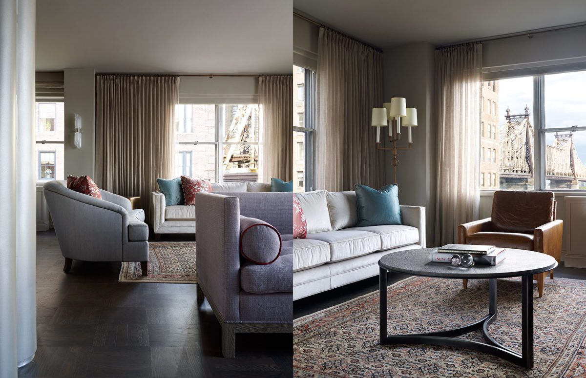 Living Room with View of a Bridge and A Vibrant Persian Carpet Design