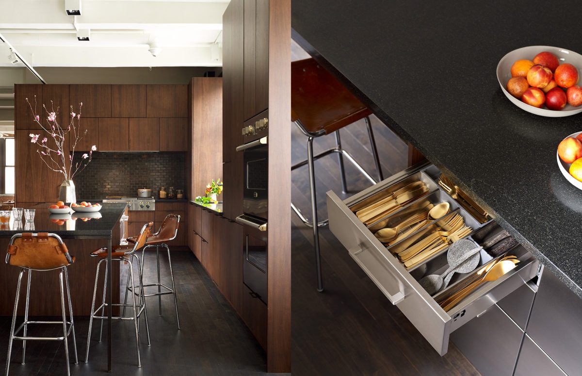 Dark Wooden Kitchen with A Dining Table and Three Bar Chairs | A view of Open Drawer with Golden Cutlery