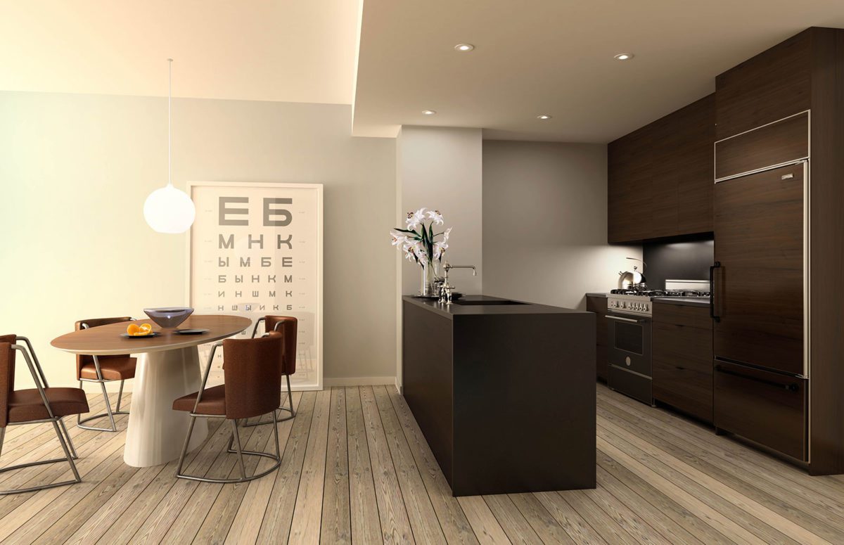 Kitchen with Dark Wooden Cupboard and a dining wooden round table with four chairs