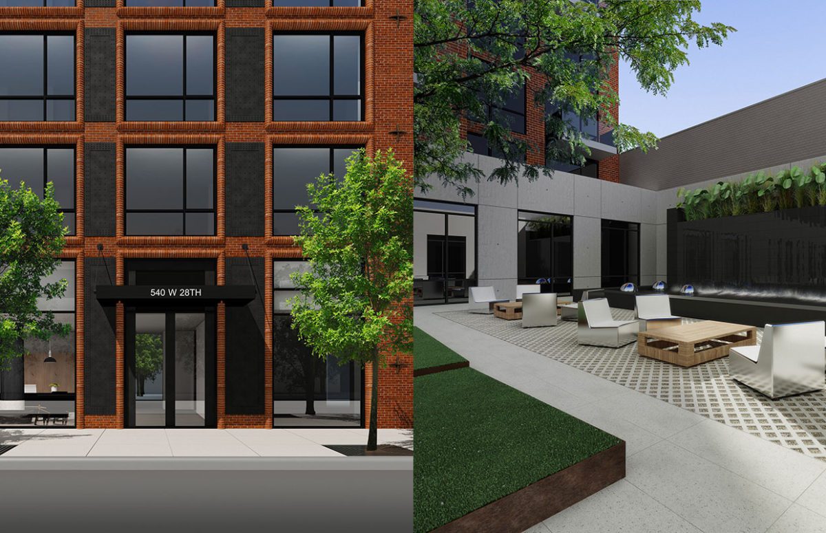 540 W 28TH Street Facade of an Apartment Building and Outdoor Seating view