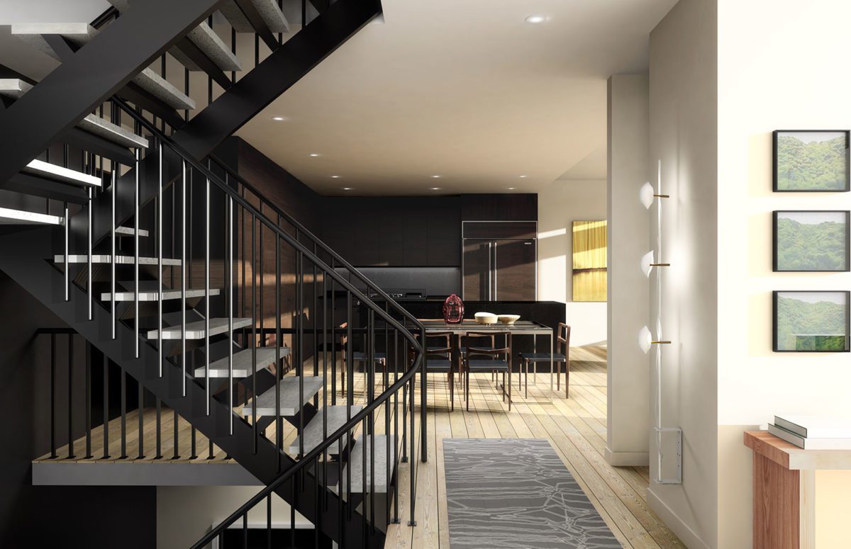 View of Black Stairs and A Dark Wooden Kitchen and Dining Room