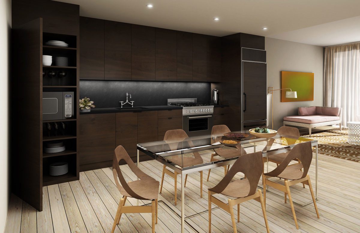 Spacious Kitchen With Dark Wooden Cupboard and Rectangular Crystal Dining Table with Six Chairs.