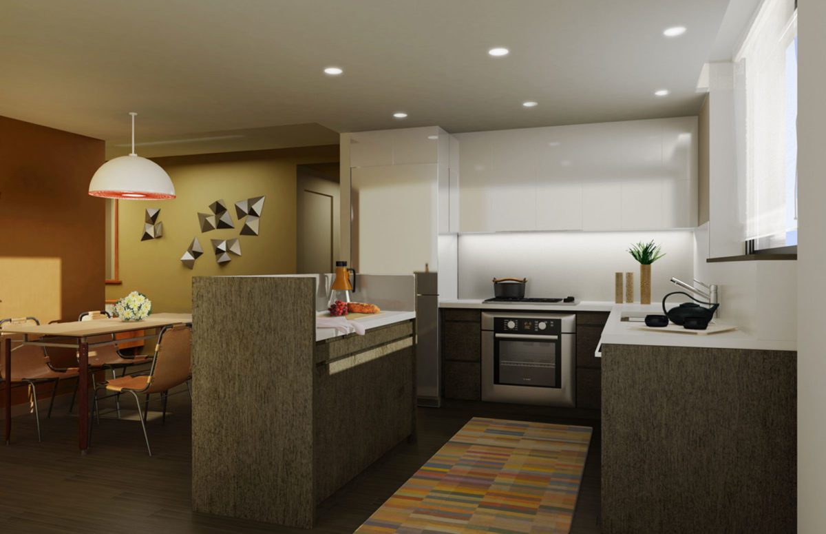 Kitchen in White, Yellow, and Ochre Colors with Dining Area