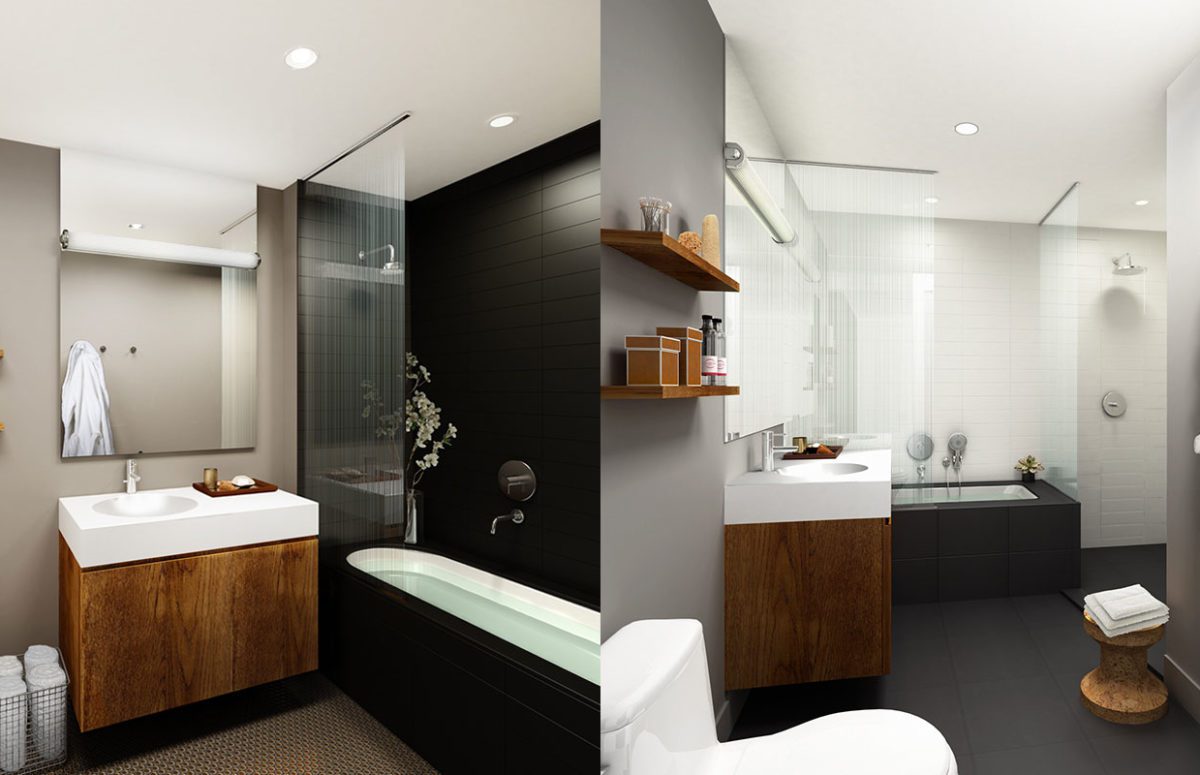 View of Bathroom with Wooden Elements and Black and White Interior Design