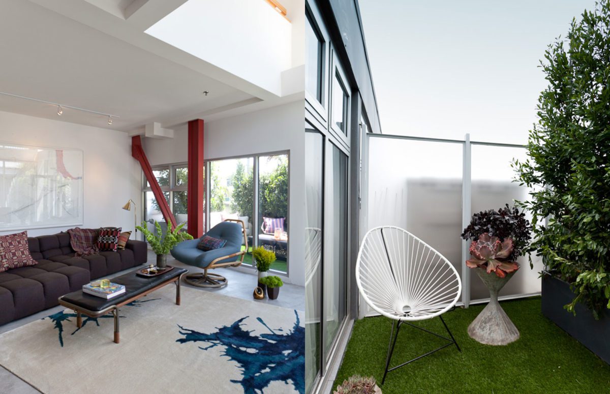 Venice loft indoor view of a living room with a cozy brown sofa and a blue armchair by the window and outdoor seating view