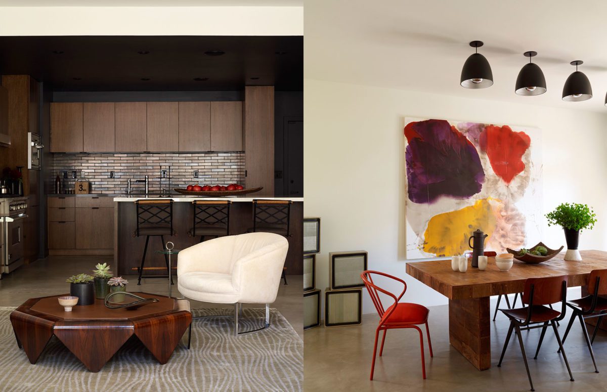 Dark Wooden Kitchen with A Coffee Table, White Armchair and A Dining room with Wooden Table and Abstract Painting