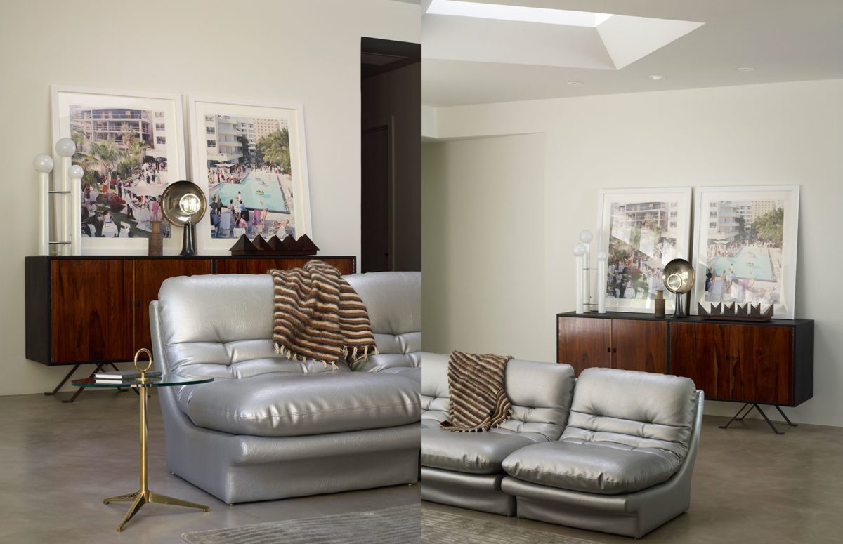 Grey Leather Sofa And A Dark Brown Wooden Cabinet