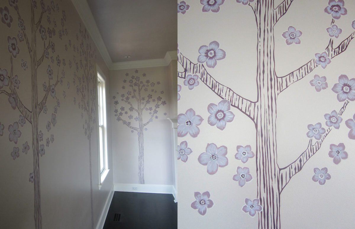 Sagaponack residence Indoor View of a pastel cherry tree drawing wallpaper