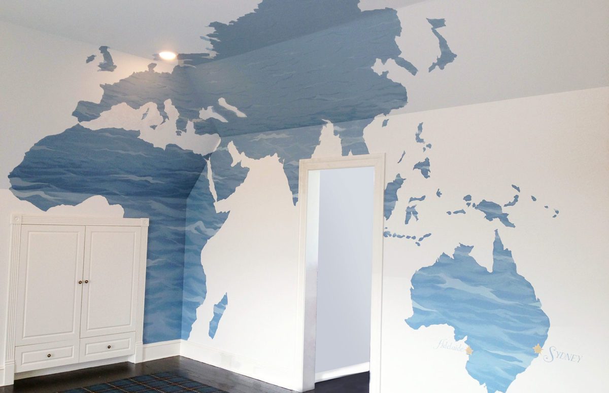 Walls with Sagaponack Continent Map in blue and white