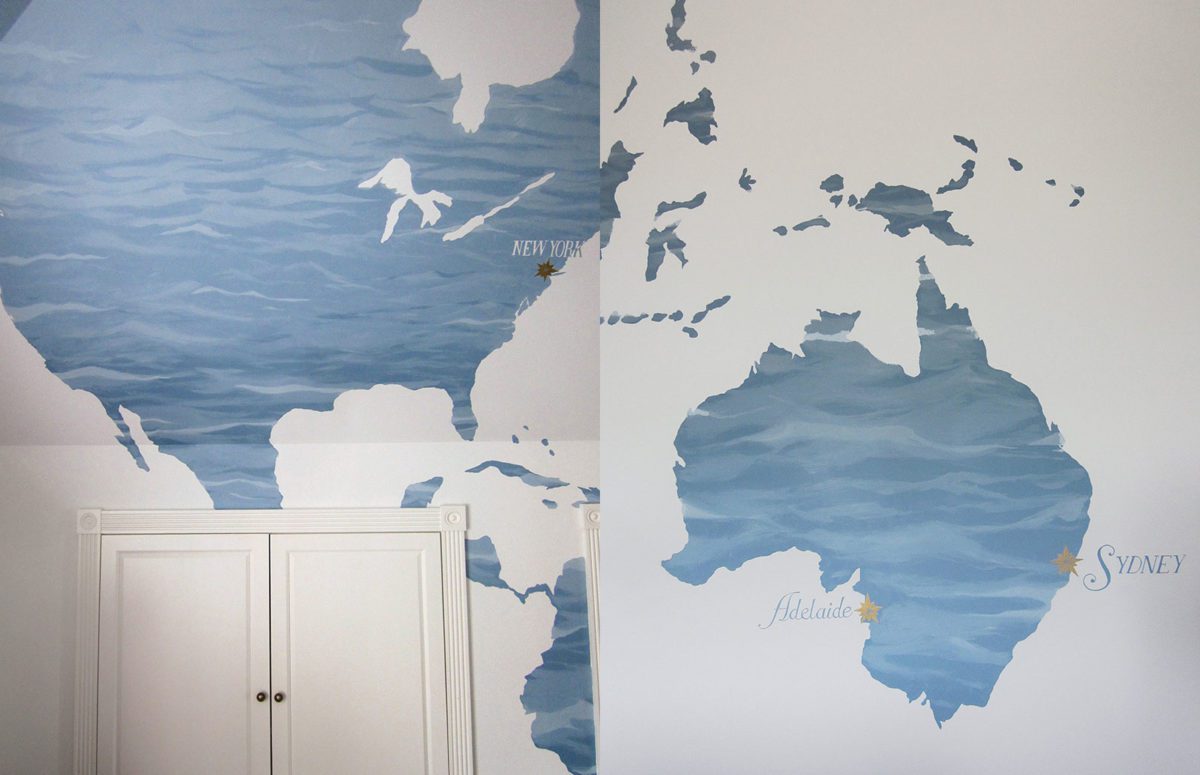 Walls with Sagaponack Continent Map in blue and white
