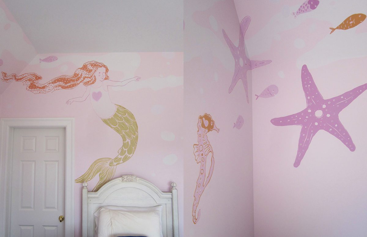 Sagaponack residence | Kid's bedroom with pink mermaid wallpaper and a white bed