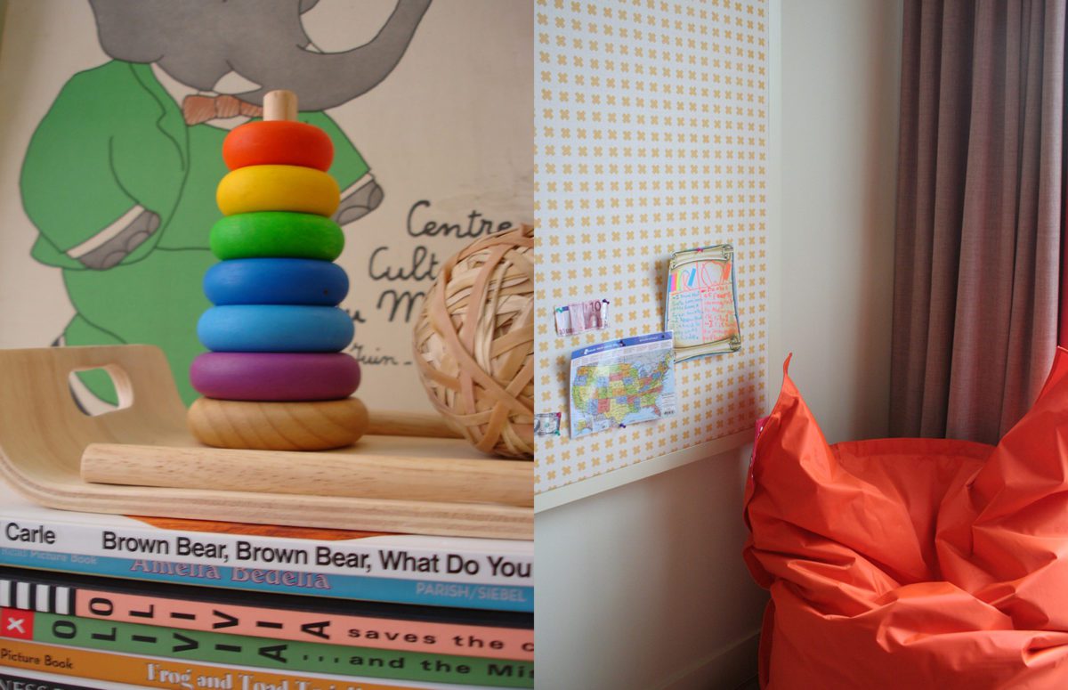 Child's bedroom detail in Kies Residence with toys and board
