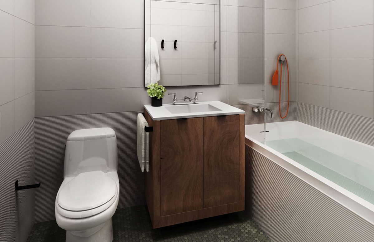 View of Bathroom with Basic Interior Design, a toilet, a sink with a cabinet, a mirror and a bathtub