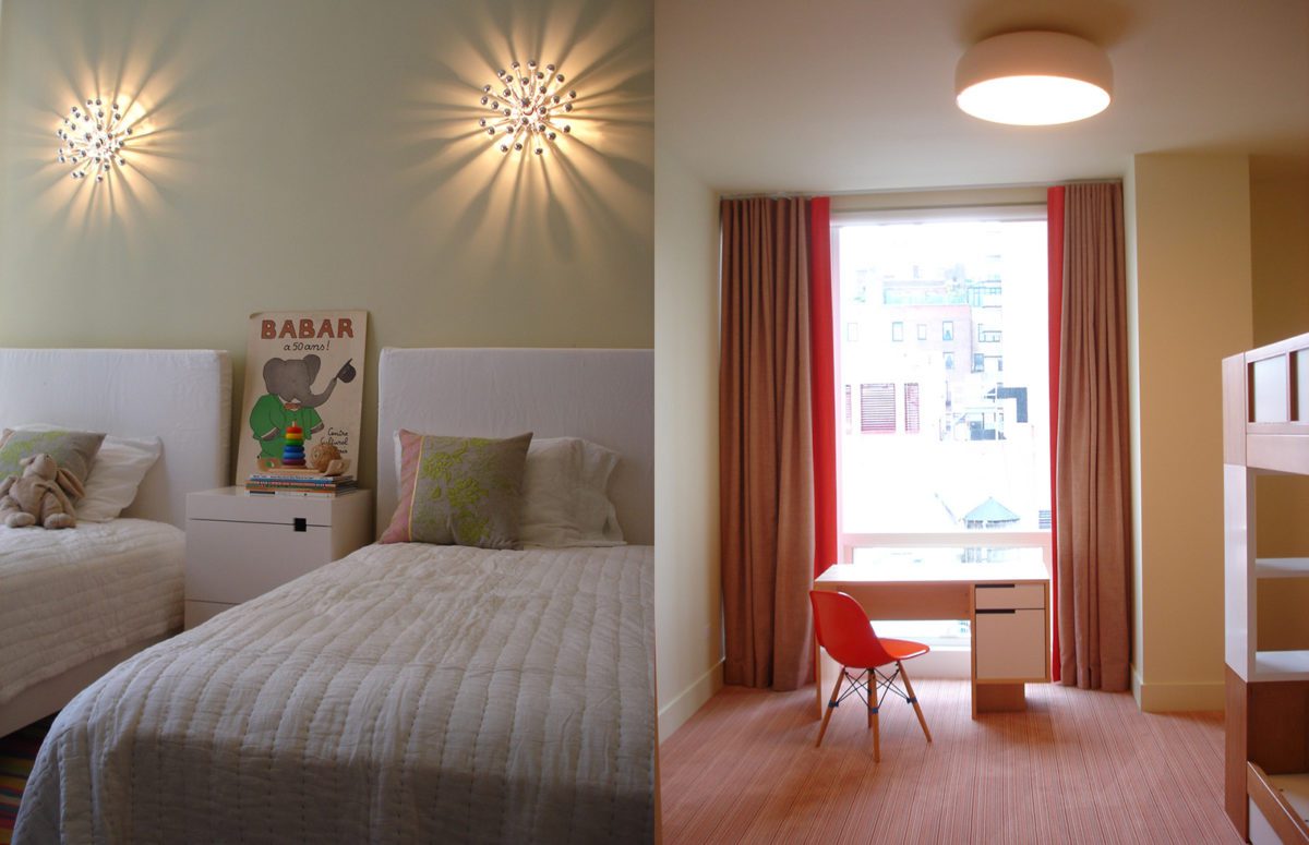 Children's bedroom in warm tones with desk and beds