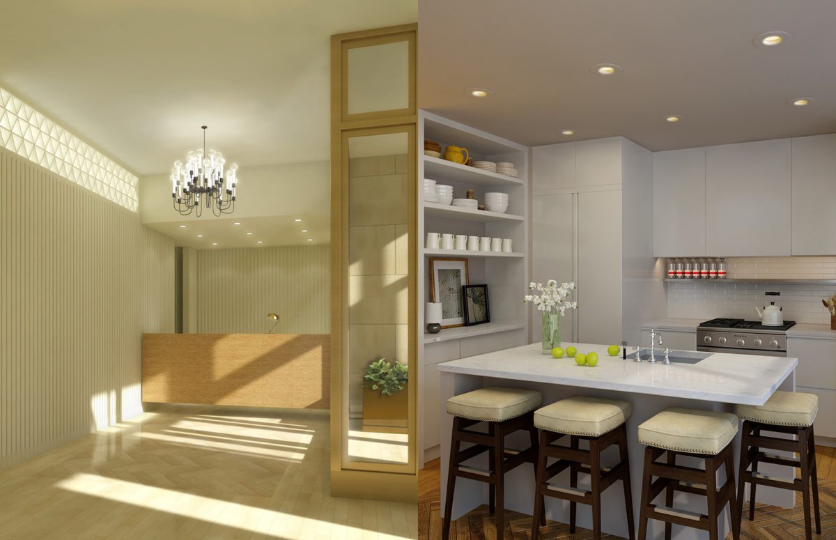 West Park lobby Wooden desk and White kitchen with a Big Marble Table in the Center