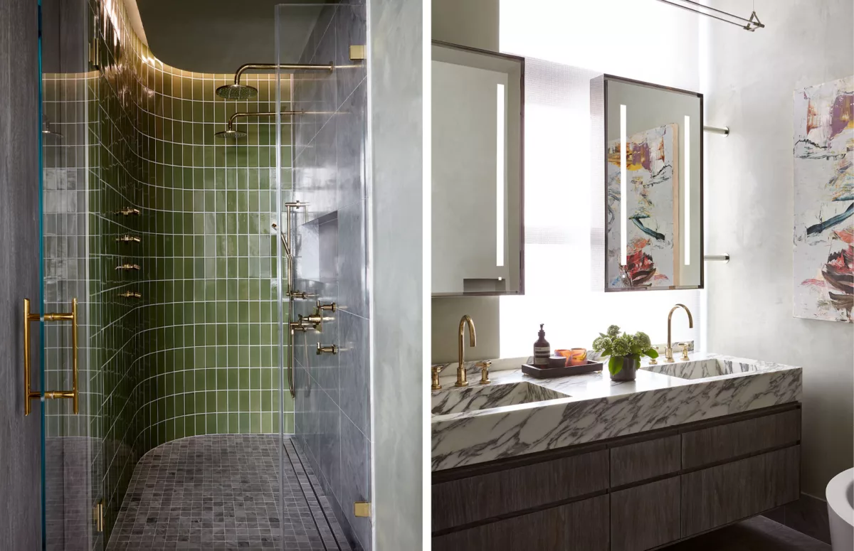 Bathroom shower with green tile and marble topped vanity