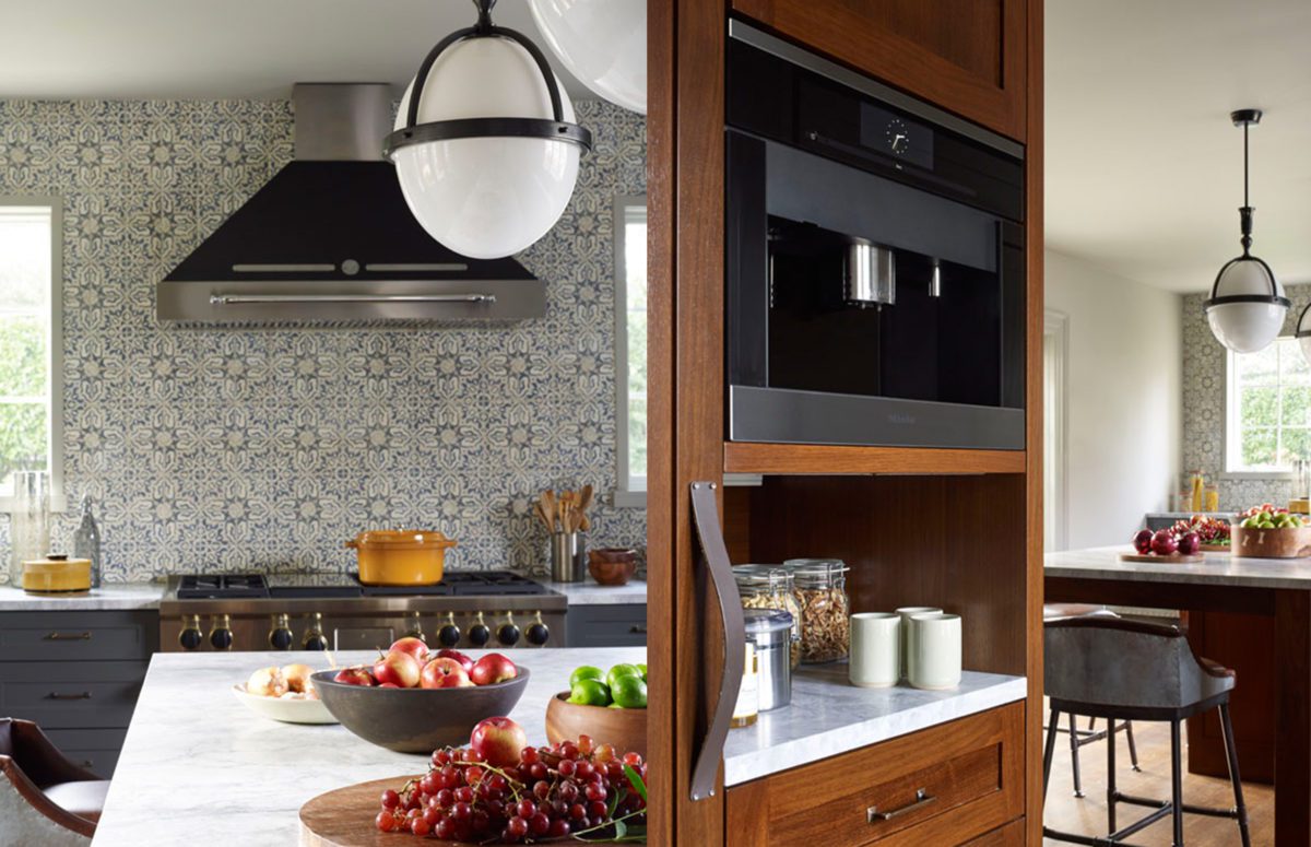 White Kitchen Counter stuffed with Fruits and Embedded Grey Oven