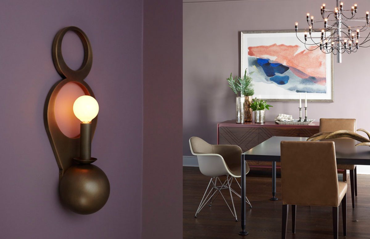Elegant Wooden Wall Lamp and A Dining Room with Purple Interior Design