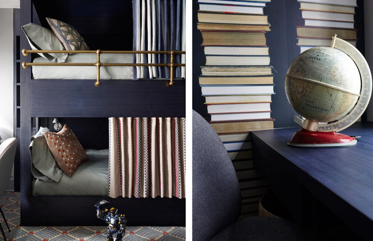 Custom dark blue wood framed Bunkbeds and a globe over a blue desk