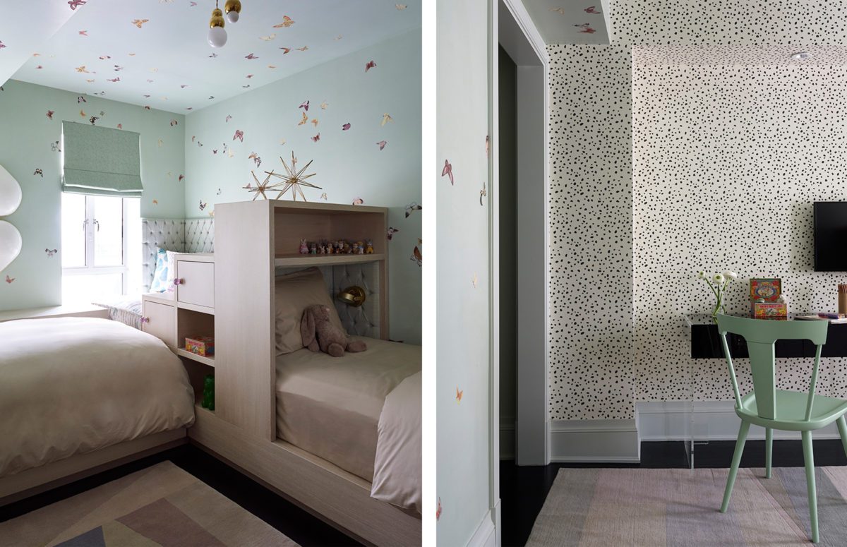 Pastel blue wallpaper with butterflies and spotted black and white wallpaper