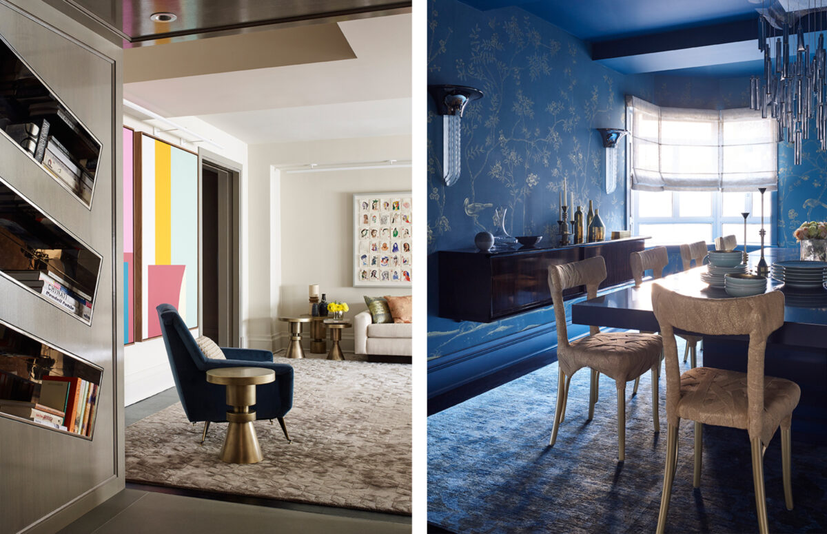 Livingroom seat and a Dining Room with Blue Interior Design, a big table and golden-shaded chairs