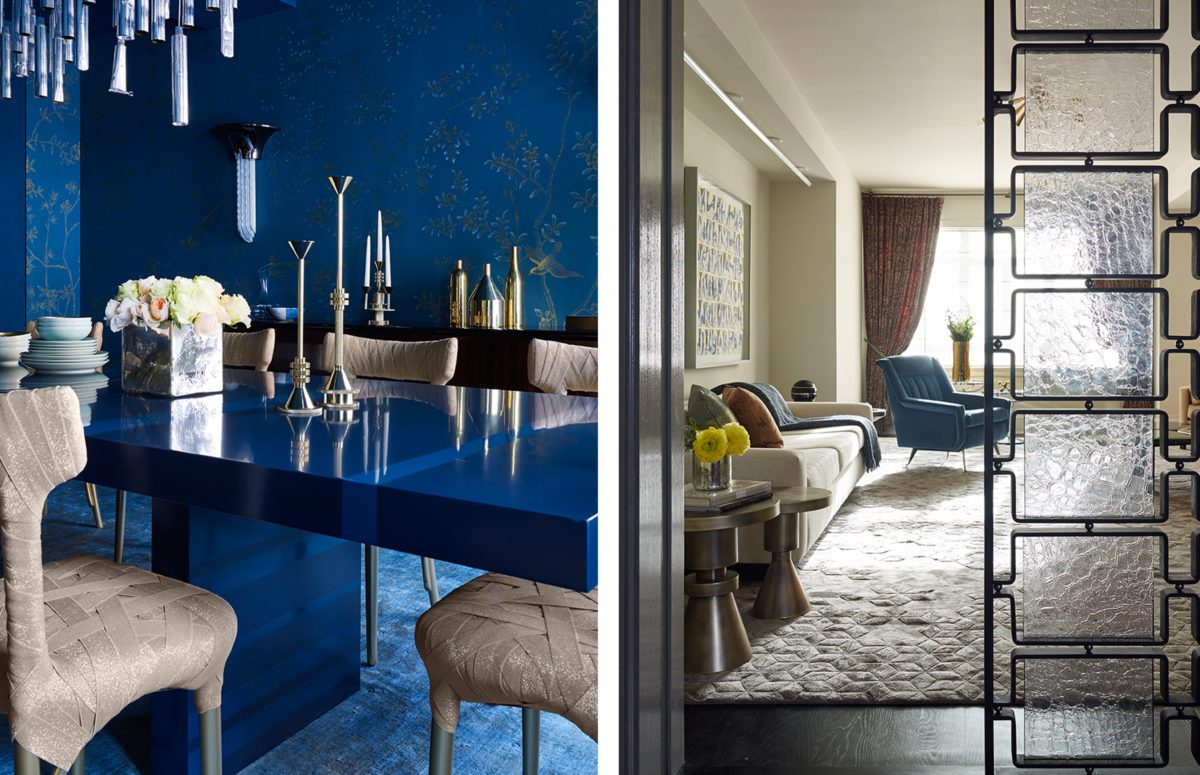 Dining Room in Dark Blue Shades, Floral Golden Wallpaper, and A Large Rectangular Blue Table