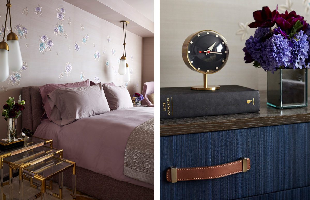 Dodd room with pink and brown interior design, a nightstand and cabinet with blue drawers