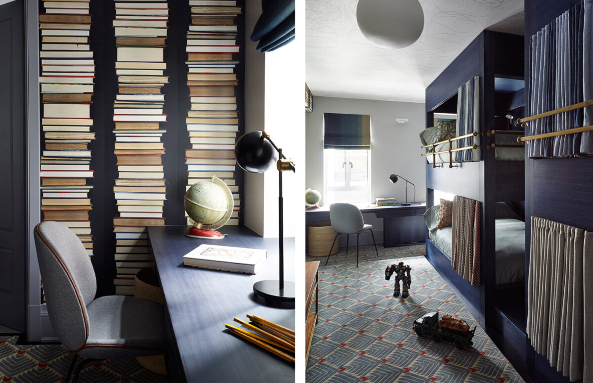 Child's bunkbed bedroom and desk space in Dark Blue Wood and toys on the carpet