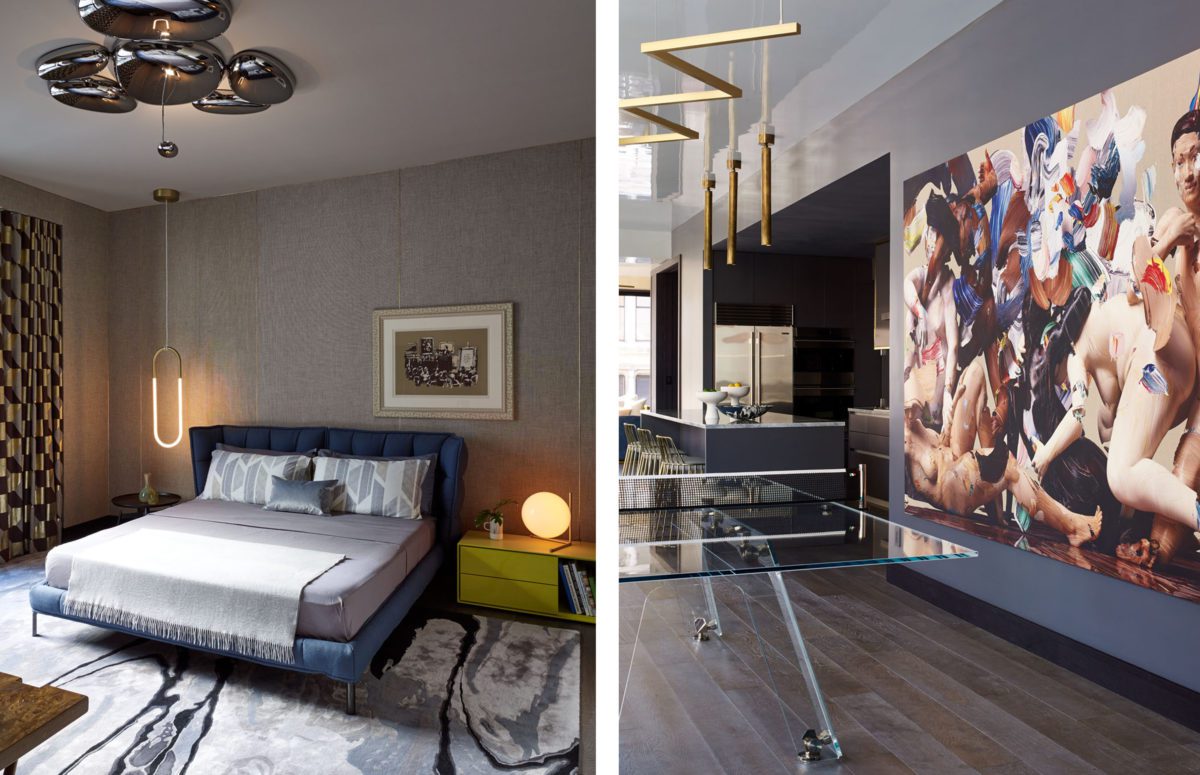 Sun Bond bedroom with Dark Interior Design, a Grey Rug and a Crystal Dining table next to a Large Painting