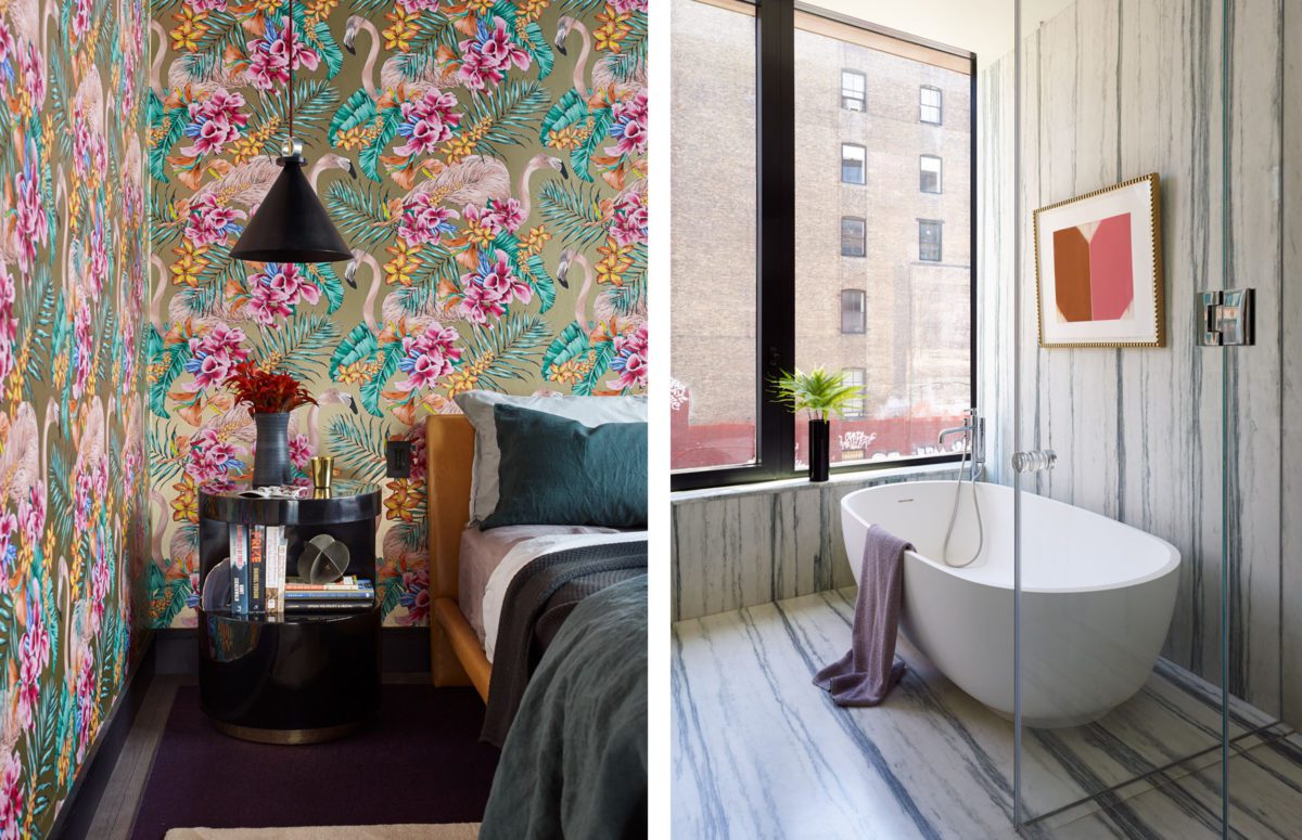 Bedroom with Vibrant Wallpaper with Flamingos and a White Bathtub with Views of a Building