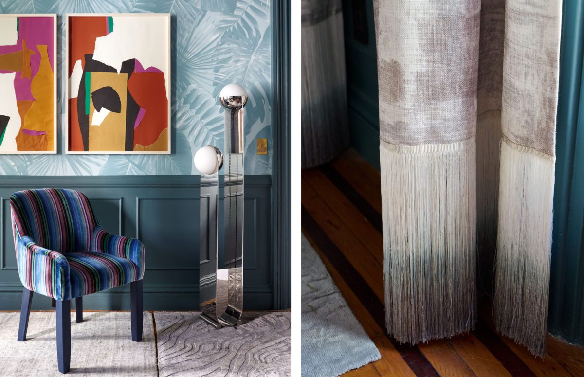 Cozy Chair in different colors next to a metallic decoration and two abstract paintings in warm colors