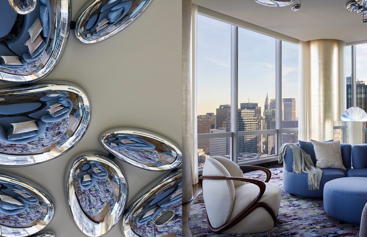 Platinum-Hideway | Living Room with Blue Interior Design and Views of the City