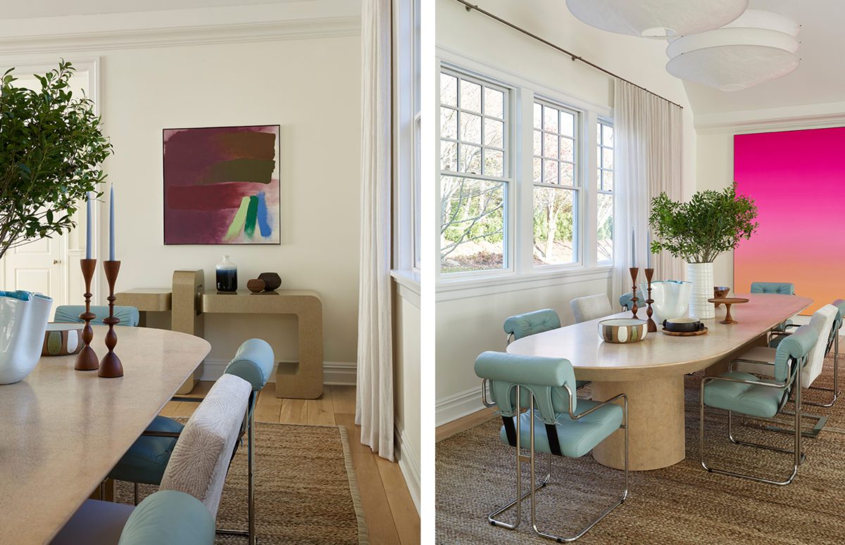 View from Different Angles of A Dining Room with Large Beige Table and Turquoise Chairs