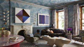 Brooklyn Heights Designer Showhouse | Second-floor study with Sitting Area in dark tones