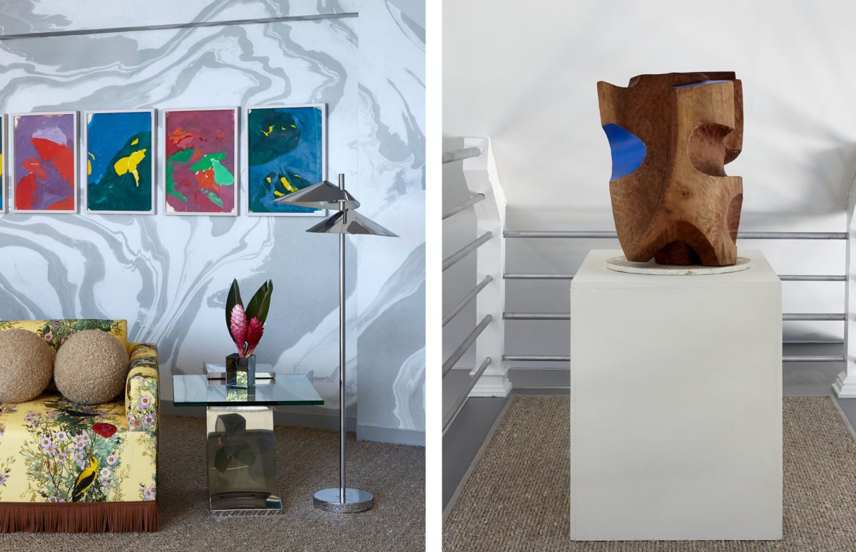 View of Living Room and a Wooden Decoration on a White Cube-Shaped Base