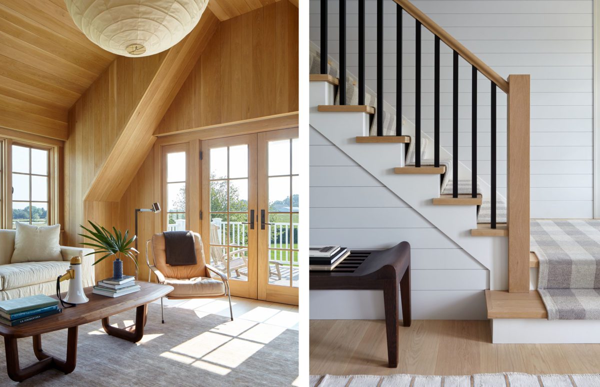 Cozy Wooden Entrance Hall with a Seating Area and Straight White Wooden Stairs.