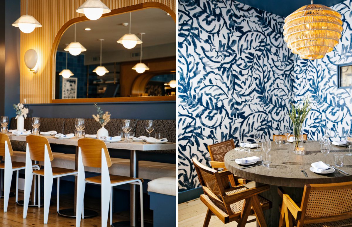 View of Two Dining Areas with Blue and Yellow Interior Design