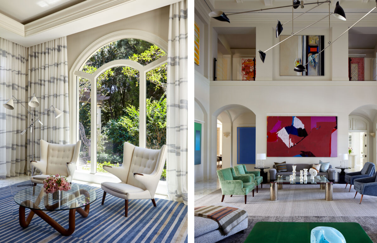 Two White Leather Armchairs and a Round Crystal Table with a View of A Spacious Living Room